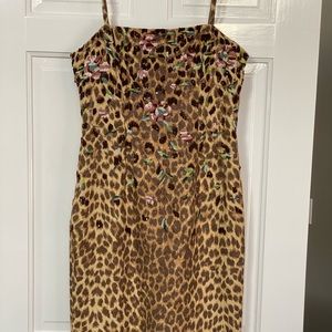 Designer leopard two strap dress w/fringe